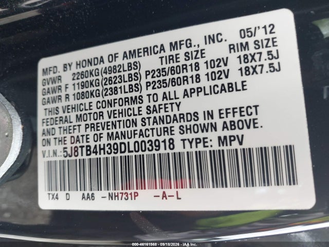 2013 Acura Rdx მანქანა იყიდება აუქციონზე, vin: 5J8TB4H39DL003918, აუქციონის ნომერი: 46161568