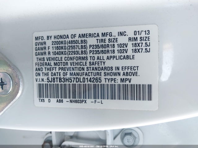 2013 Acura Rdx მანქანა იყიდება აუქციონზე, vin: 5J8TB3H57DL014265, აუქციონის ნომერი: 46161581