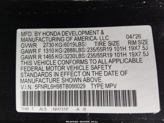 Honda Odyssey Elite 2026 5FNRL6H98TB066029 Image 9
