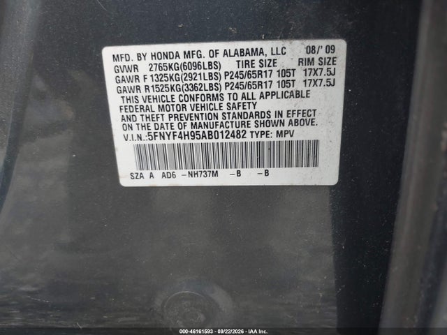 Продажа на аукционе авто 2010 Honda Pilot Touring, vin: 5FNYF4H95AB012482, номер лота: 46161593