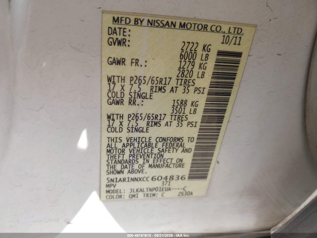 2012 Nissan Pathfinder Sv მანქანა იყიდება აუქციონზე, vin: 5N1AR1NNXCC604836, აუქციონის ნომერი: 46161610