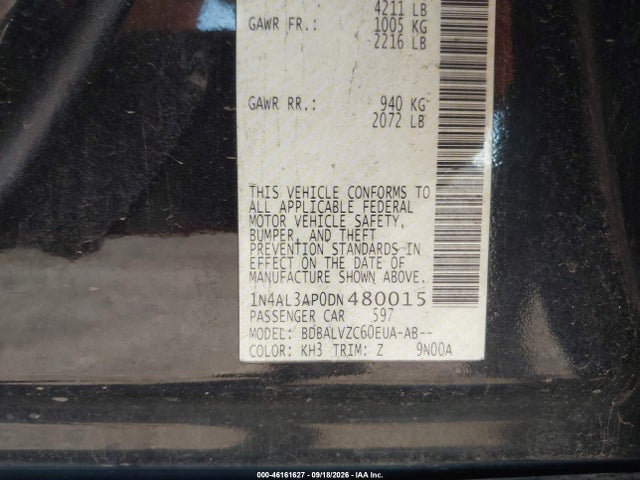 2013 Nissan Altima 2.5 Sl მანქანა იყიდება აუქციონზე, vin: 1N4AL3AP0DN480015, აუქციონის ნომერი: 46161627