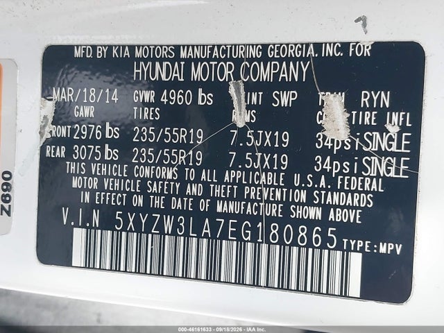 46161633 :رقم المزاد ، 5XYZW3LA7EG180865 vin ، 2014 Hyundai Santa Fe Sport 2.0l Turbo مزاد بيع