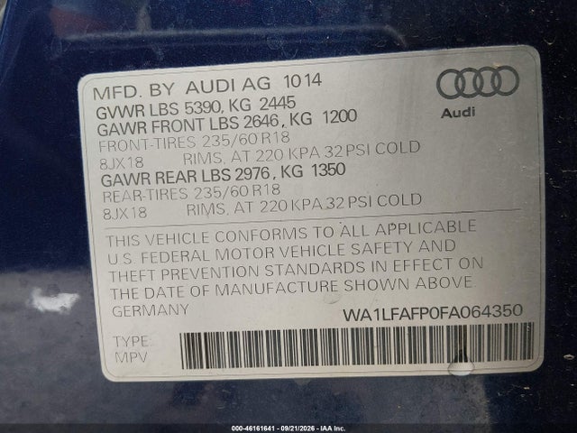 46161641 :رقم المزاد ، WA1LFAFP0FA064350 vin ، 2015 Audi Q5 2.0t Premium مزاد بيع