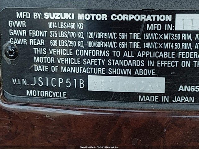 46161648 :رقم المزاد ، JS1CP51BX82100235 vin ، 2008 Suzuki An650 A مزاد بيع