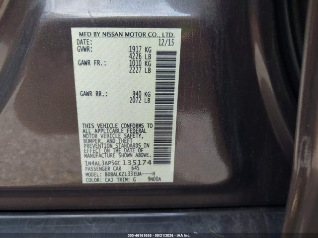 Продажа на аукционе авто 2016 Nissan Altima 2.5 Sv, vin: 1N4AL3AP5GC135174, номер лота: 46161655