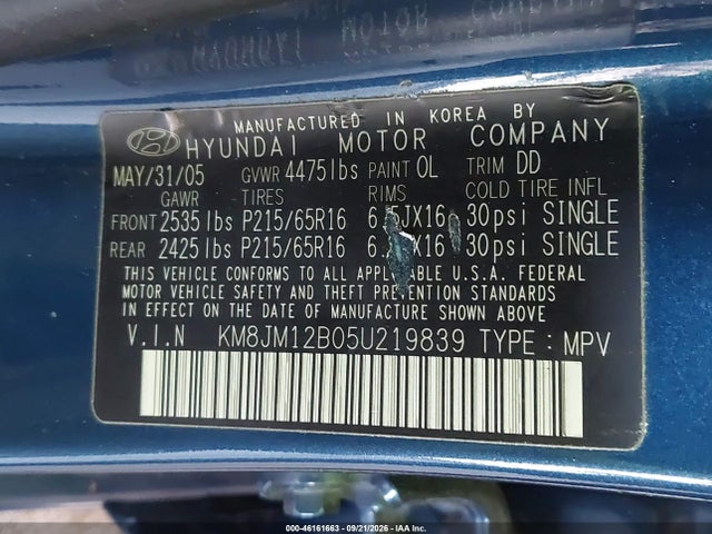 Aukcja sprzedaży 2005 Hyundai Tucson Gl, vin: KM8JM12B05U219839, numer aukcji: 46161663