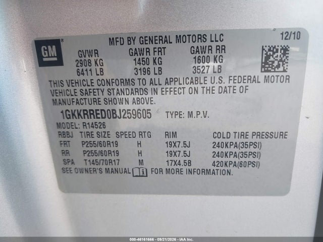 2011 Gmc Acadia Slt-1 მანქანა იყიდება აუქციონზე, vin: 1GKKRRED0BJ259605, აუქციონის ნომერი: 46161666