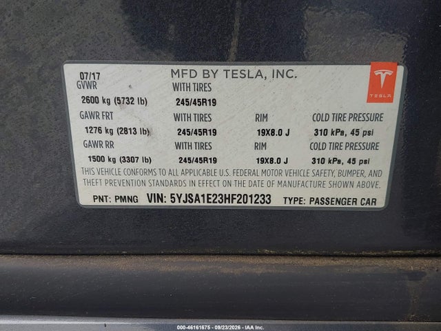 2017 Tesla Model S 100d/60d/75d/90d/p100d მანქანა იყიდება აუქციონზე, vin: 5YJSA1E23HF201233, აუქციონის ნომერი: 46161675