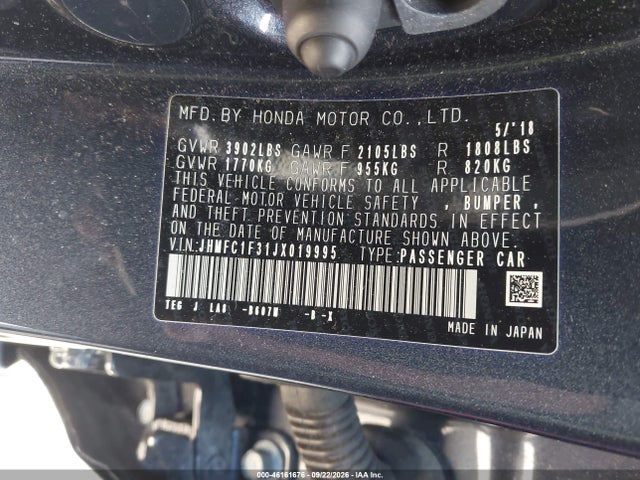 Продажа на аукционе авто 2018 Honda Civic Ex-t, vin: JHMFC1F31JX019995, номер лота: 46161676
