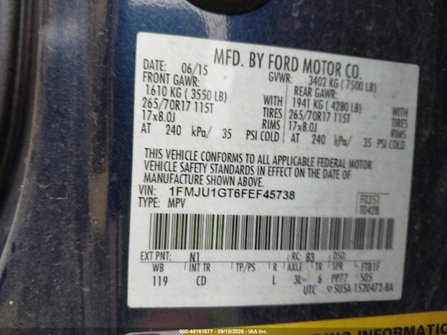 46161677 :رقم المزاد ، 1FMJU1GT6FEF45738 vin ، 2015 Ford Expedition Xl مزاد بيع