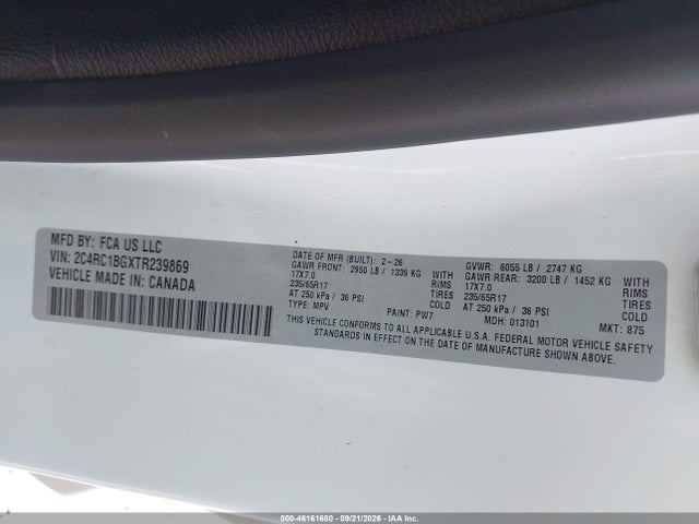 Aukcja sprzedaży 2026 Chrysler Pacifica Select, vin: 2C4RC1BGXTR239869, numer aukcji: 46161680