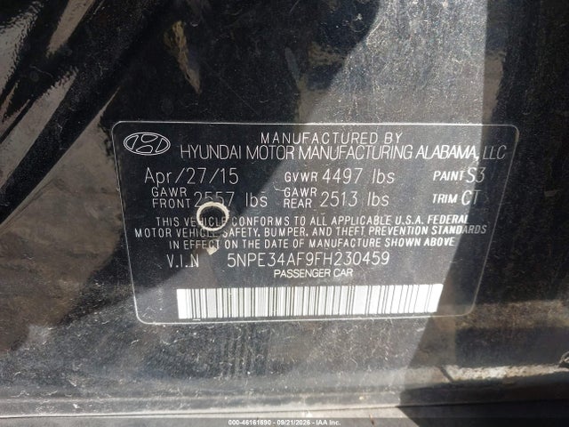 46161690 :رقم المزاد ، 5NPE34AF9FH230459 vin ، 2015 Hyundai Sonata Sport مزاد بيع