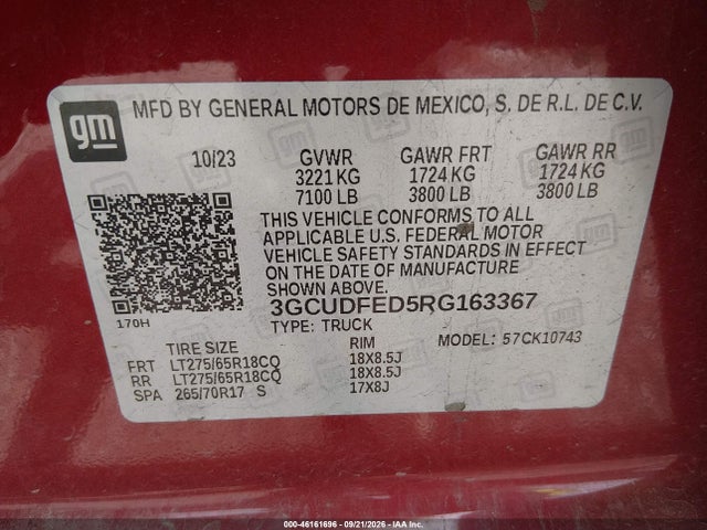 46161696 :رقم المزاد ، 3GCUDFED5RG163367 vin ، 2024 Chevrolet Silverado 1500 4wd  Standard Bed Lt Trail Boss مزاد بيع