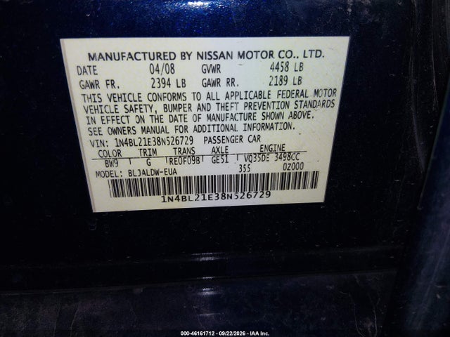 Продажа на аукционе авто 2008 Nissan Altima 3.5 Se, vin: 1N4BL21E38N526729, номер лота: 46161712