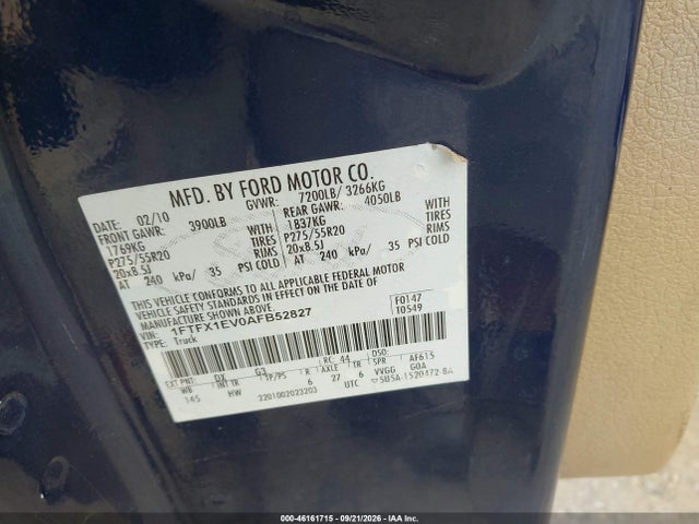 Продажа на аукционе авто 2010 Ford F-150 Fx4/lariat/xl/xlt, vin: 1FTFX1EV0AFB52827, номер лота: 46161715