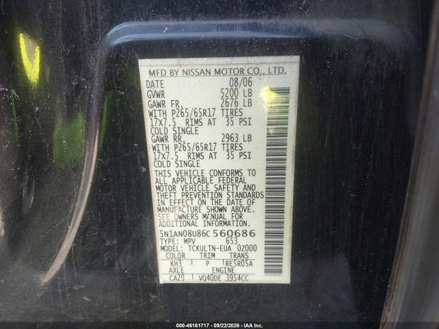 Продаж на аукціоні авто 2006 Nissan Xterra Se, vin: 5N1AN08U86C560686, номер лоту: 46161717