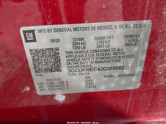 Aukcja sprzedaży 2018 Chevrolet Silverado 1500 2lt, vin: 3GCUKREC4JG555002, numer aukcji: 46161740