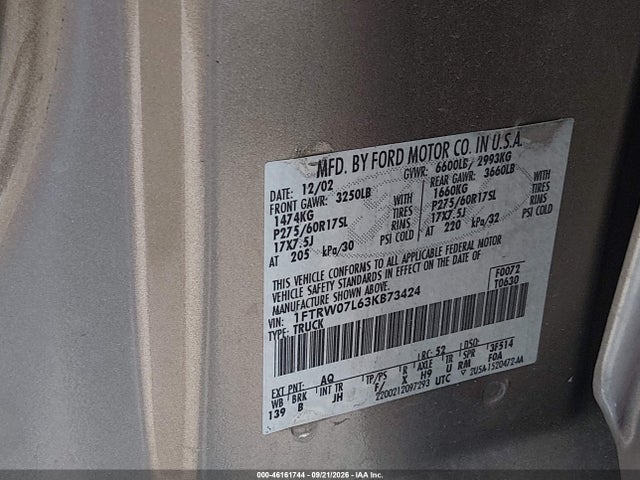 46161744 :رقم المزاد ، 1FTRW07L63KB73424 vin ، 2003 Ford F-150 Lariat/xlt مزاد بيع