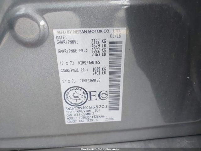 46161757 :رقم المزاد ، 5N1AT2MV4GC858203 vin ، 2016 Nissan Rogue S/sl/sv مزاد بيع