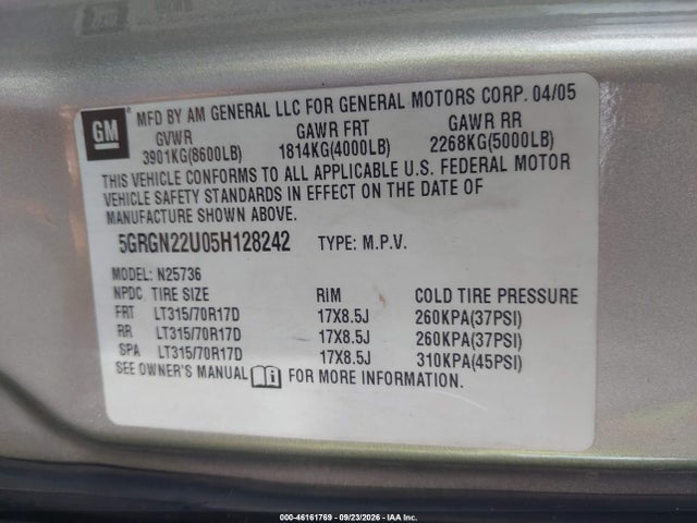 2005 Hummer H2 Sut მანქანა იყიდება აუქციონზე, vin: 5GRGN22U05H128242, აუქციონის ნომერი: 46161769