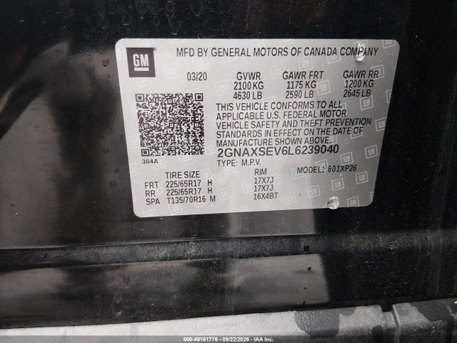 Продажа на аукционе авто 2020 Chevrolet Equinox Awd Ls, vin: 2GNAXSEV6L6239040, номер лота: 46161776