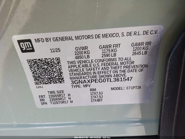 Продаж на аукціоні авто 2026 Chevrolet Equinox Awd Lt, vin: 3GNAXPEG0TL361547, номер лоту: 46161783