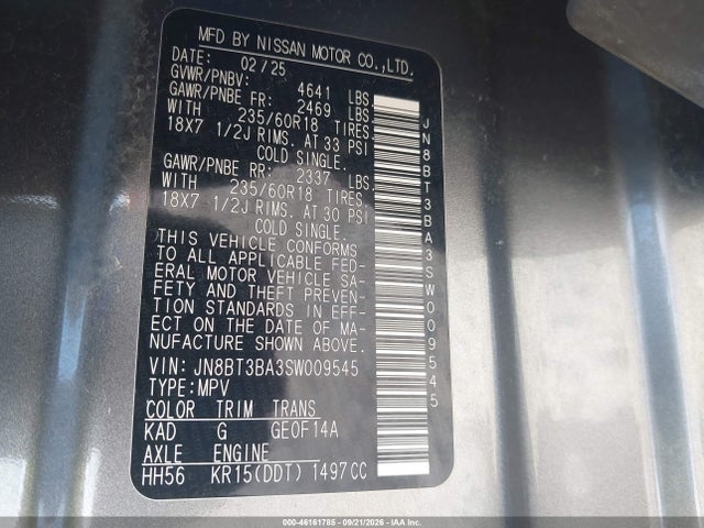 46161785 :رقم المزاد ، JN8BT3BA3SW009545 vin ، 2025 Nissan Rogue Sv Fwd مزاد بيع