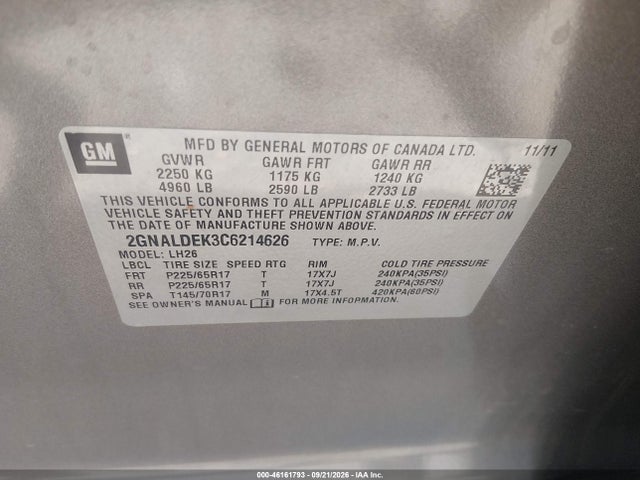 Продаж на аукціоні авто 2012 Chevrolet Equinox 1lt, vin: 2GNALDEK3C6214626, номер лоту: 46161793