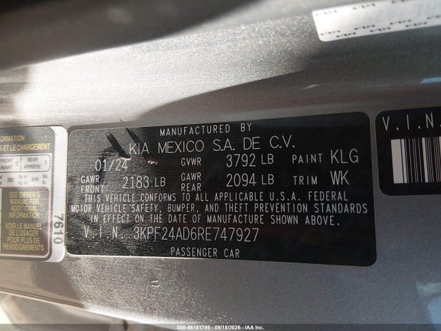 Auction sale of the 2024 Kia Forte Lxs, vin: 3KPF24AD6RE747927, lot number: 46161795