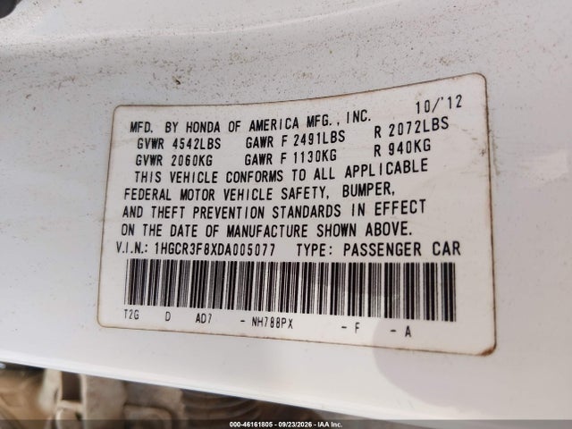 46161805 :رقم المزاد ، 1HGCR3F8XDA005077 vin ، 2013 Honda Accord Ex-l V-6 مزاد بيع