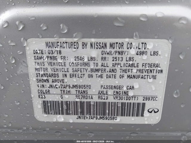 46161806 :رقم المزاد ، JN1EV7AP9JM590580 vin ، 2018 Infiniti Q50 3.0t Luxe مزاد بيع