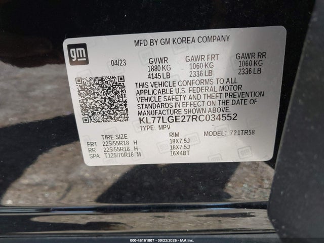 Aukcja sprzedaży 2024 Chevrolet Trax Fwd 1rs, vin: KL77LGE27RC034552, numer aukcji: 46161807