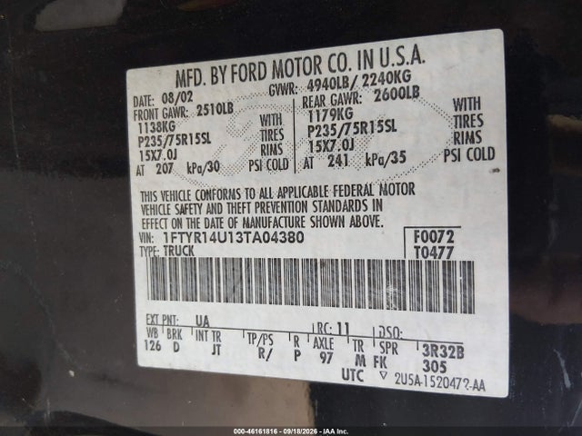 Продажа на аукционе авто 2003 Ford Ranger Edge/tremor/xl/xlt, vin: 1FTYR14U13TA04380, номер лота: 46161816