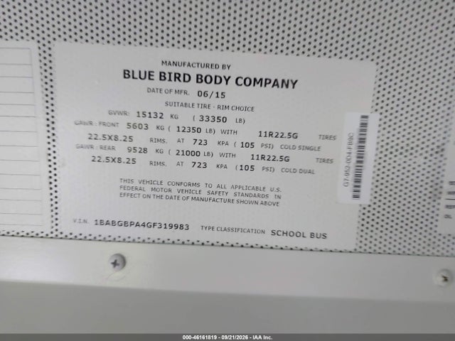 Продаж на аукціоні авто 2016 Blue Bird School Bus / Transit Bus, vin: 1BABGBPA4GF319983, номер лоту: 46161819