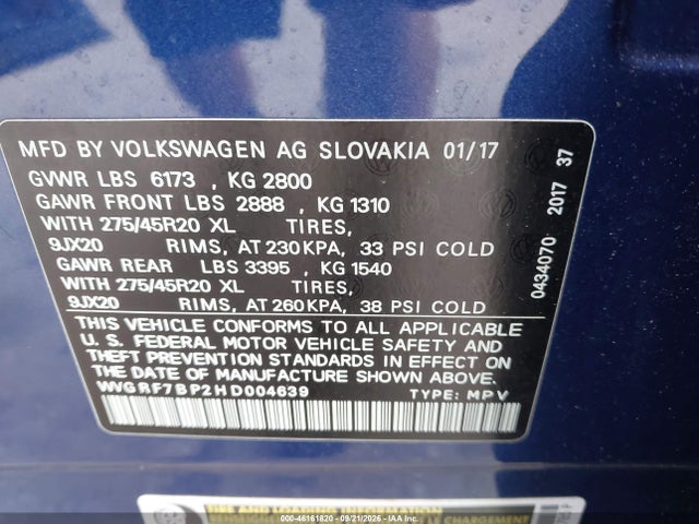 Продажа на аукционе авто 2017 Volkswagen Touareg V6 Wolfsburg Edition, vin: WVGRF7BP2HD004639, номер лота: 46161820
