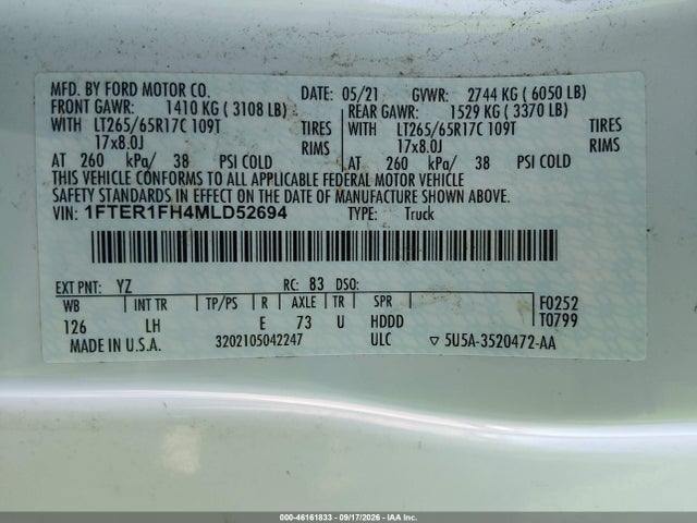 Продажа на аукционе авто 2021 Ford Ranger Xl, vin: 1FTER1FH4MLD52694, номер лота: 46161833