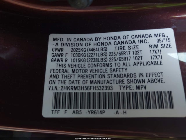 Aukcja sprzedaży 2015 Honda Cr-v Ex, vin: 2HKRM3H56FH532393, numer aukcji: 46161835