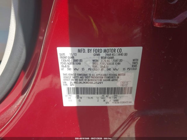Aukcja sprzedaży 2013 Lincoln Mkx, vin: 2LMDJ6JK8DBL25291, numer aukcji: 46161849