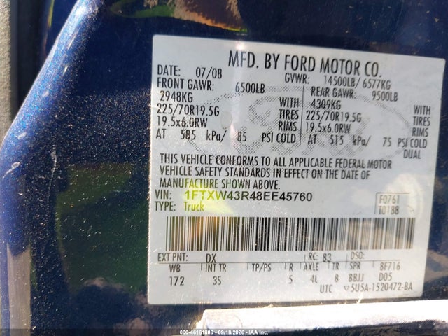46161889 :رقم المزاد ، 1FTXW43R48EE45760 vin ، 2008 Ford F-450 King Ranch/lariat/xl/xlt مزاد بيع
