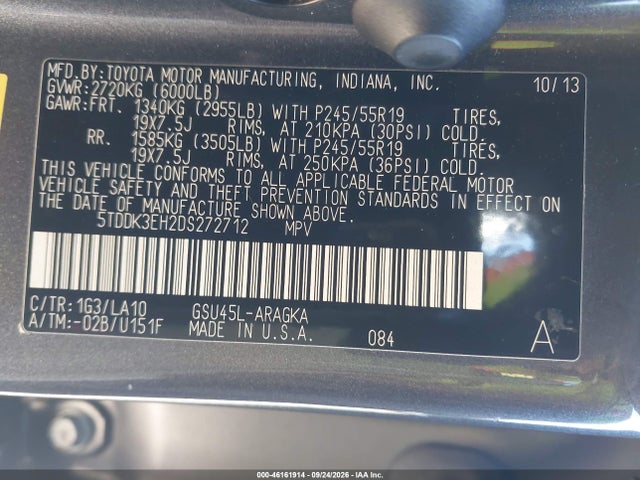 46161914 :رقم المزاد ، 5TDDK3EH2DS272712 vin ، 2013 Toyota Highlander Limited V6 مزاد بيع
