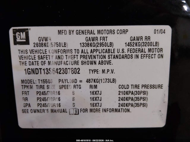 2004 Chevrolet Trailblazer Lt მანქანა იყიდება აუქციონზე, vin: 1GNDT13S642307802, აუქციონის ნომერი: 46161918