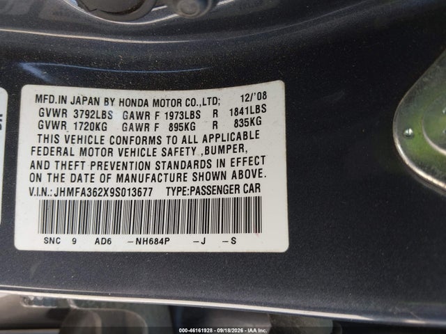 46161928 :رقم المزاد ، JHMFA362X9S013677 vin ، 2009 Honda Civic Hybrid مزاد بيع