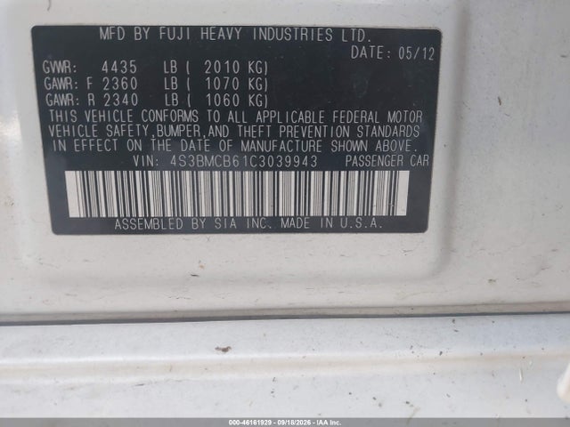 Продаж на аукціоні авто 2012 Subaru Legacy 2.5i Premium, vin: 4S3BMCB61C3039943, номер лоту: 46161929