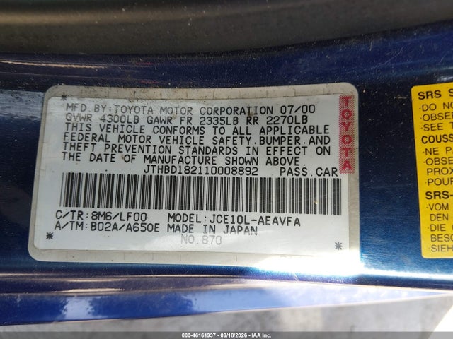 Продаж на аукціоні авто 2001 Lexus Is 300, vin: JTHBD182110008892, номер лоту: 46161937