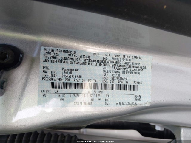 2018 Ford Focus Se მანქანა იყიდება აუქციონზე, vin: 1FADP3F21JL209051, აუქციონის ნომერი: 46161944