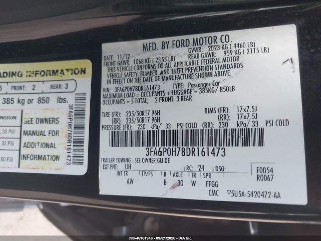 2013 Ford Fusion Se მანქანა იყიდება აუქციონზე, vin: 3FA6P0H78DR161473, აუქციონის ნომერი: 46161946