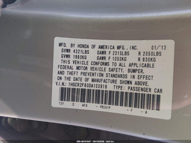 2013 Honda Accord Ex-l მანქანა იყიდება აუქციონზე, vin: 1HGCR2F80DA100919, აუქციონის ნომერი: 46161947
