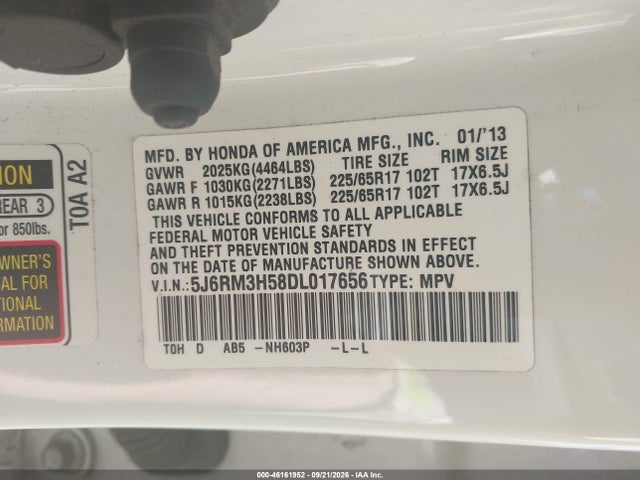 Продажа на аукционе авто 2013 Honda Cr-v Ex, vin: 5J6RM3H58DL017656, номер лота: 46161952