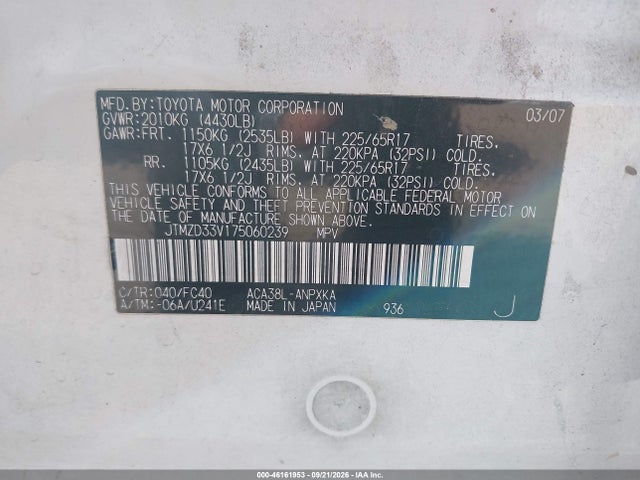 Aukcja sprzedaży 2007 Toyota Rav4, vin: JTMZD33V175060239, numer aukcji: 46161953